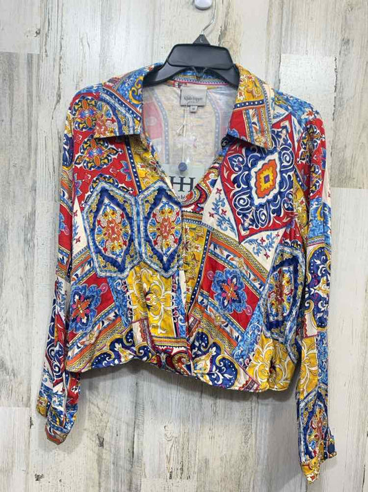 NWT HAUTE HIPPIE Tops Size M Multi-Color TRIBAL LONG SLEEVE TOP/V NECK COLLAR WR