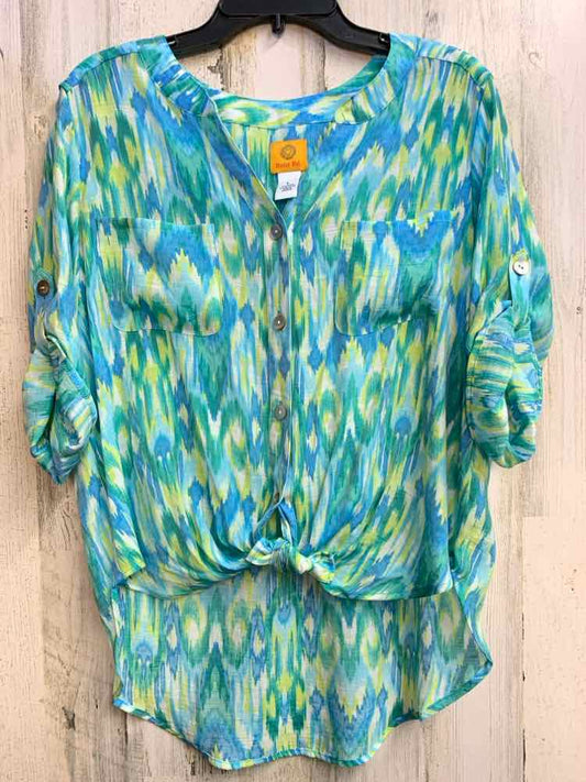 PRE-OWNED RUBY RD Tops Size L BLU/GRN ABSTRACT 3/4 SLEEVE TOP