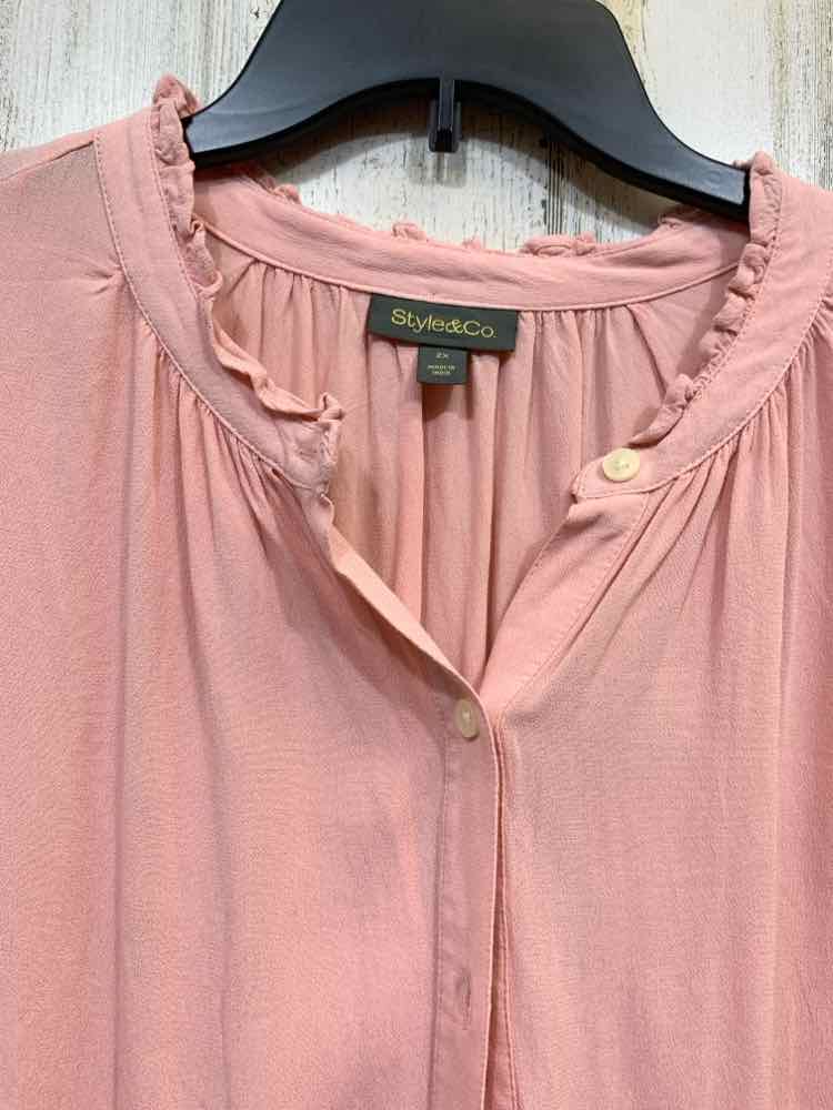 NWT STYLE & CO Tops Size 2X ROSE Solid LONG SLEEVE Blouse/RUFFLE DETAIL ON NECK