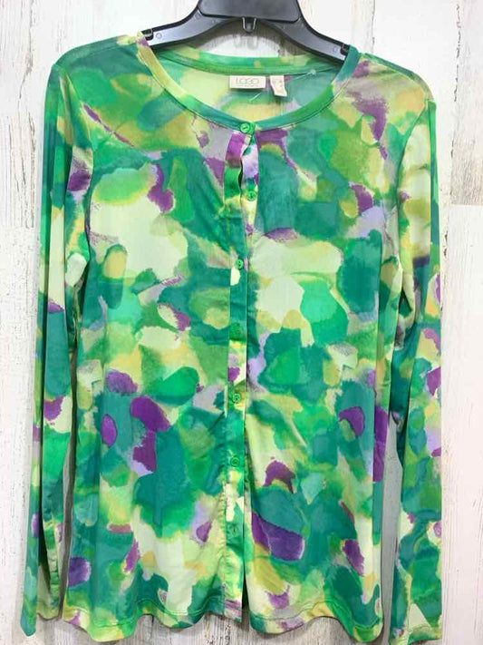 NWOT LOGO Tops Size/VIBRANT PRINTED SEMI-SHEER MESH BUTTON-DOWN