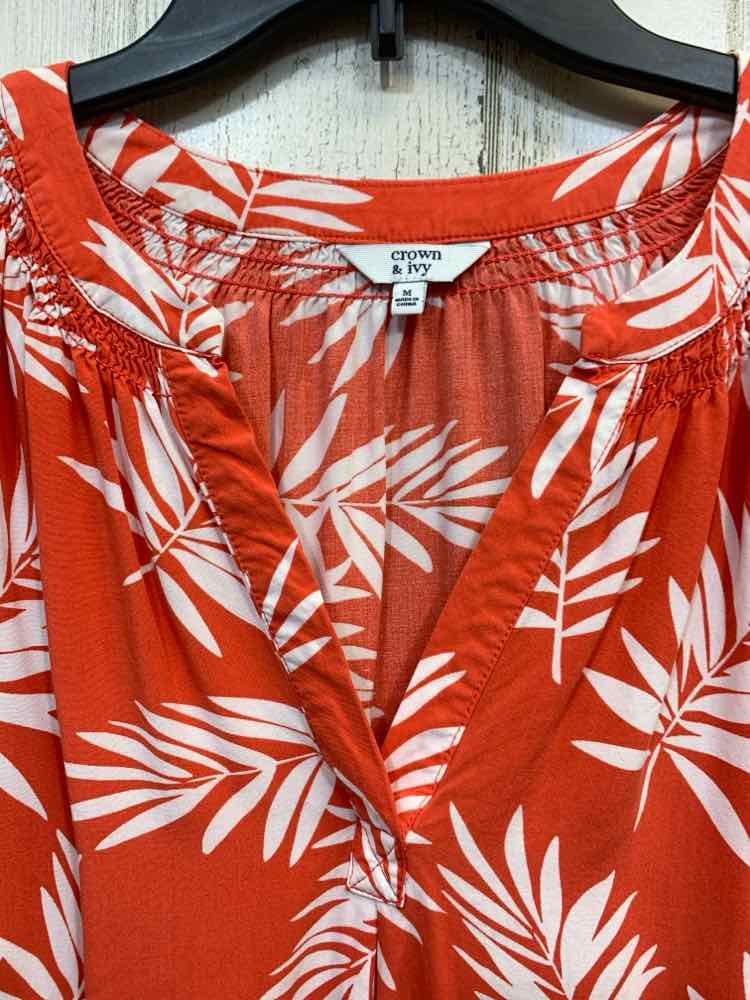 PRE-OWNED CROWN & IVY Tops Size M PEACH/WHITE TROPICAL LONG SLEEVES Blouse/TROPI
