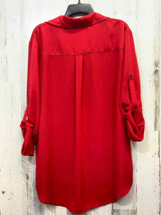 PRE-OWNED NEW YORK & CO Tops Size XL Red Solid SHEER TOP/RED SHEER LONG SLEEVE T