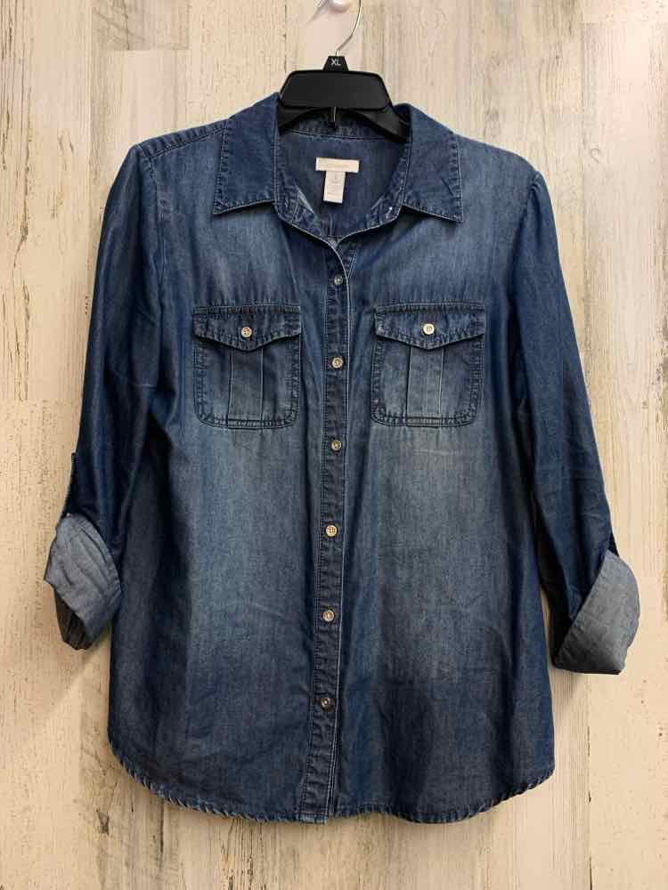 CHICOS Tops Size 1 Blue Denim 3/4 LENGTH Shirt