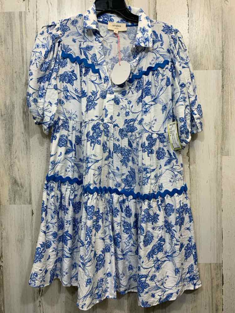 NWT UMGEE Dresses and Skirts Size L BLU/WHT Floral TIERED Dress/PUFF SLEEVE V NE
