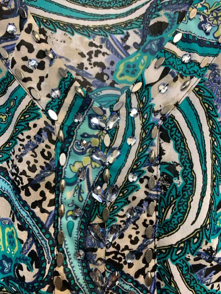JM COLLECTION PLUS SIZES Size 3X TURQ/WHT/GRN SHEER Paisley 3/4 LENGTH TOP