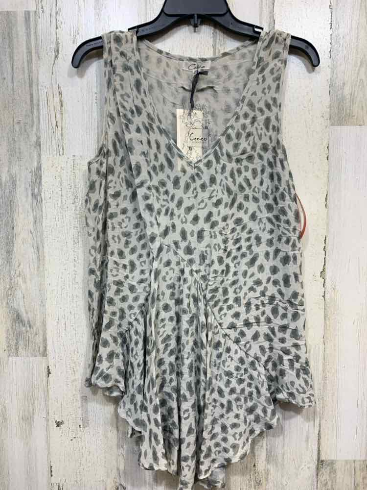 PRE-OWNED CEDICO Tops Size L GRAY/WHT Animal Print SLEEVELESS Blouse