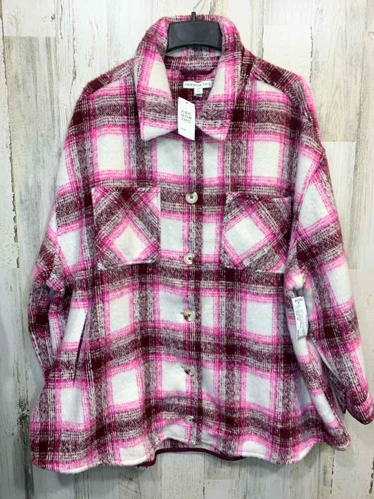 NWT AND NOW THIS Size 3X JACKETS / COATS WHT/PNK Plaid LONG SLEEVES BUTTON UP