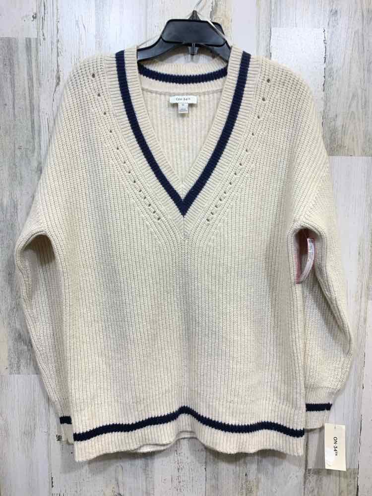 NWT ON 34TH Size M Tops CREAM RIB KNIT LONG SLEEVES V NECK W/NVY TRIM SWEATER