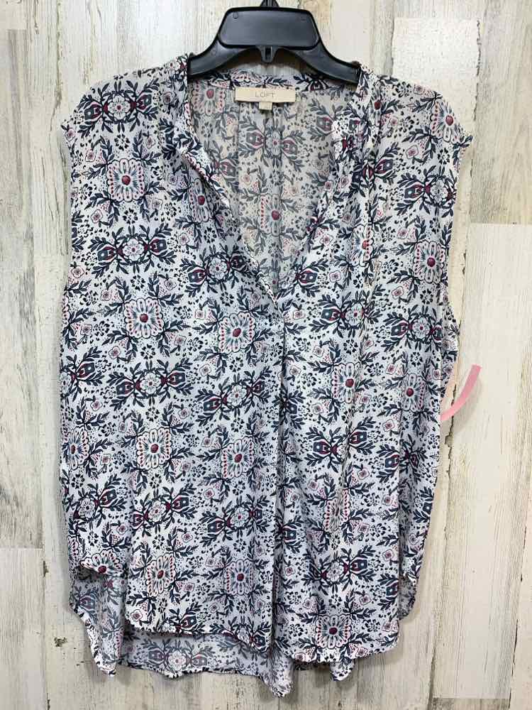 PRE-OWNED LOFT ANN TAYLOR Tops Size L WHITE/AEGAN/MUAVE Floral Blouse/SHORT SLEE