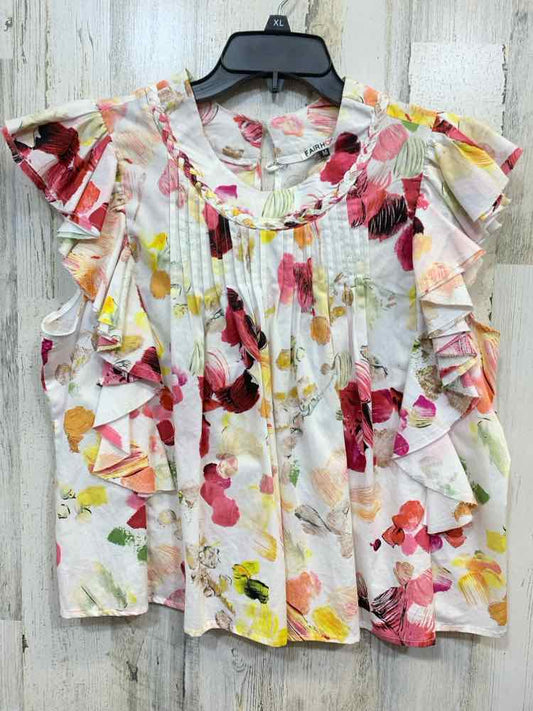 PRE-OWNED FAIR HOPE Tops Size M WHT/YELLW/PINK/GRN Floral RUFFLES Blouse/FLORAL