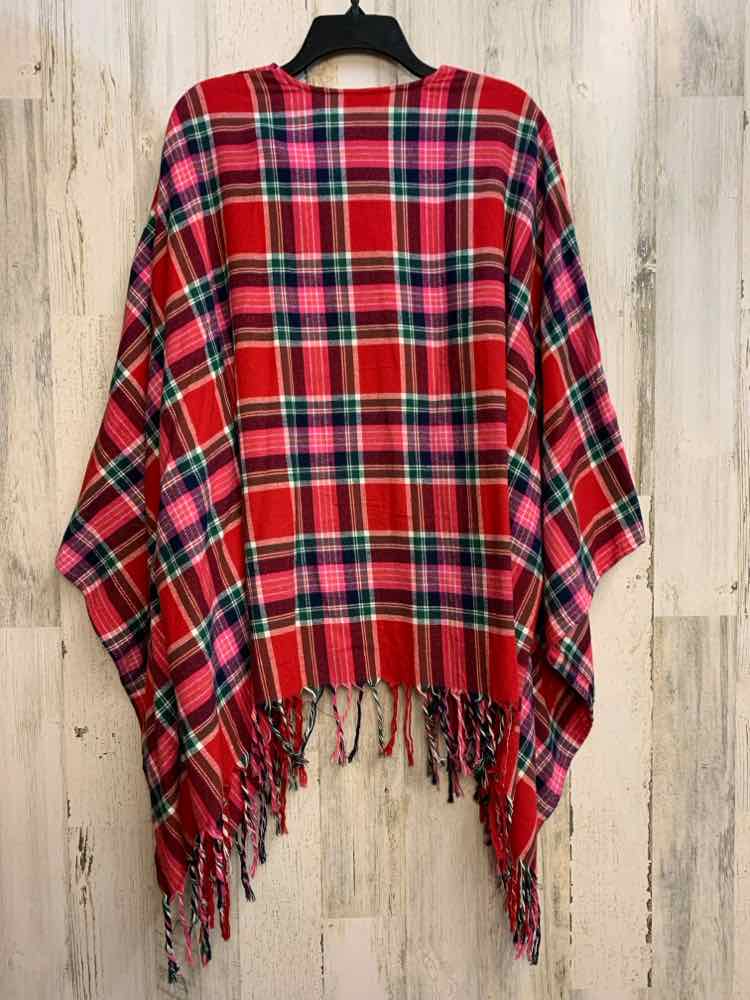 NWT CROWN & IVY PLUS SIZES Size XXL RED/PNK/BLU Plaid PONCHO/FRINGE HEM