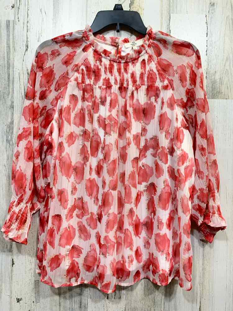 PRE-OWNED ENTRO Tops Size M WHT/RED/YLW Print PUFF SLEEVES Blouse/RUCHED DETAIL