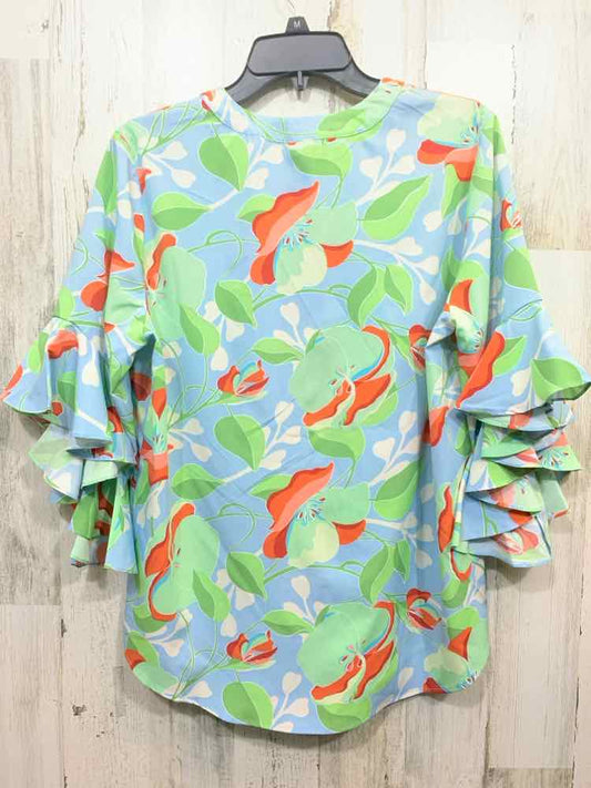 NWT GIGIO Tops Size S BLU/GRN/ORNG Floral 3/4 SLEEVE/PLEATED V NECK Blouse