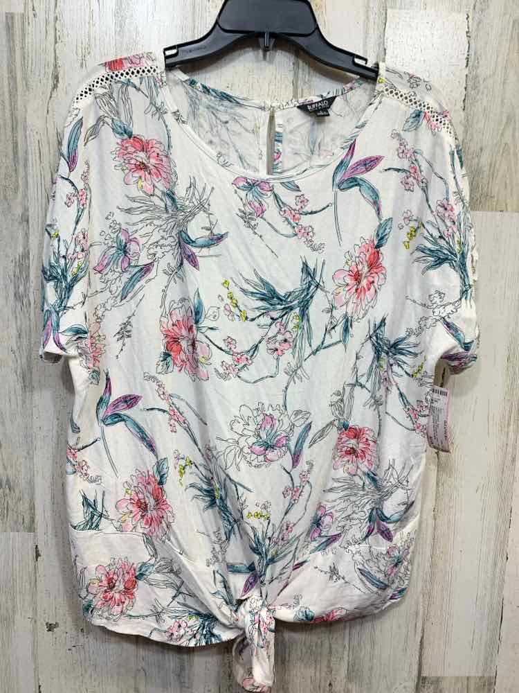 PRE-OWNED BUFFLO Tops Size L WHT/TEAL/PRPL/PINK/BLCK Floral TIES ON FRONT Shirt/