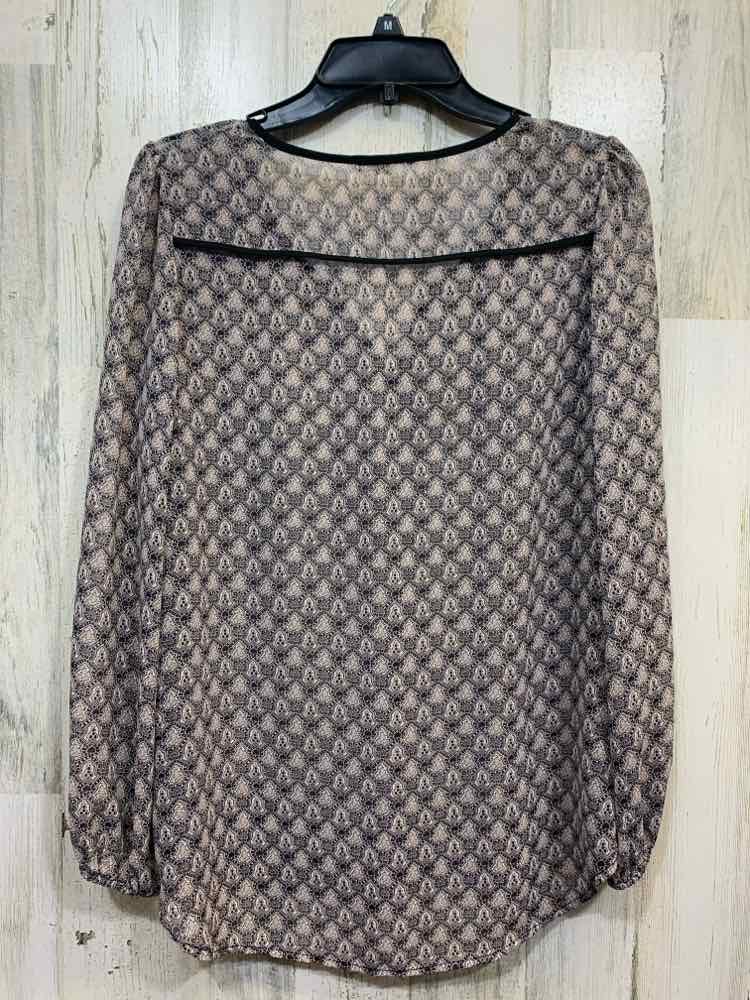 PRE-OWNED PLEIONE Tops Size M GRAY/PINK/BLK TRIANGLE LONGSLEEVE TOP/SHEER V CUT