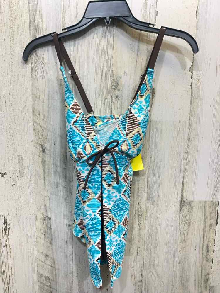 PRE-OWNED BEACH DIVA Swimwear Size 8 WHITE/BROWN/TEAL DIAMONDS TOP Swimsuit/TOP
