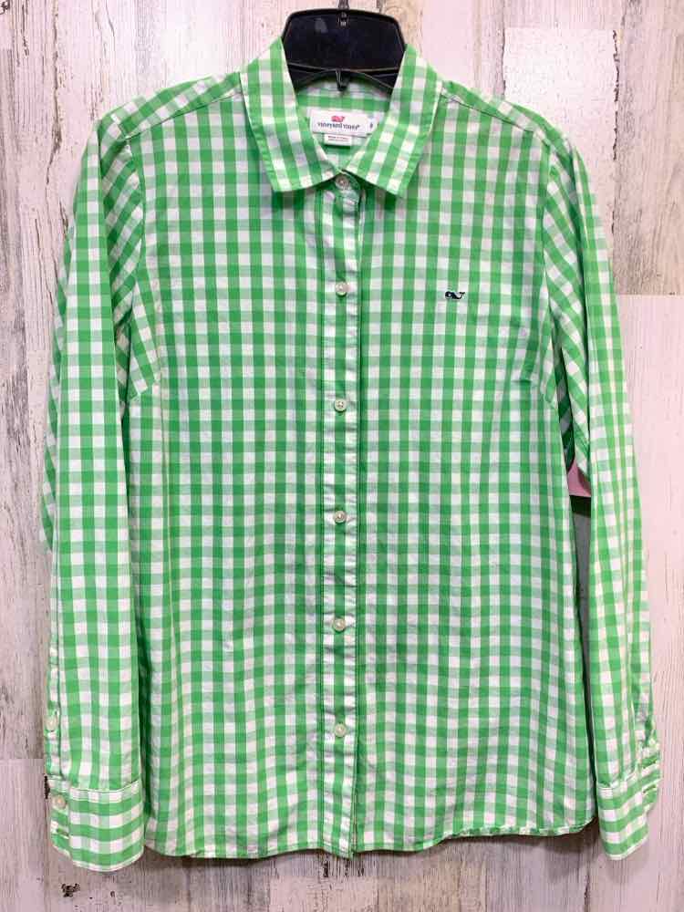 PRE-OWNED VINEYARD VINES Tops Size 8 GREEN/WHITE Plaid BUTTON UP Shirt/GREEN PLA