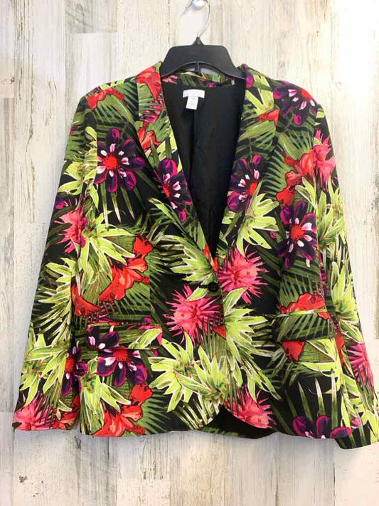 CHICOS Tops Size 2 BLK/LIME/RED/PUR TROPICAL FLORAL JACKET Jacket