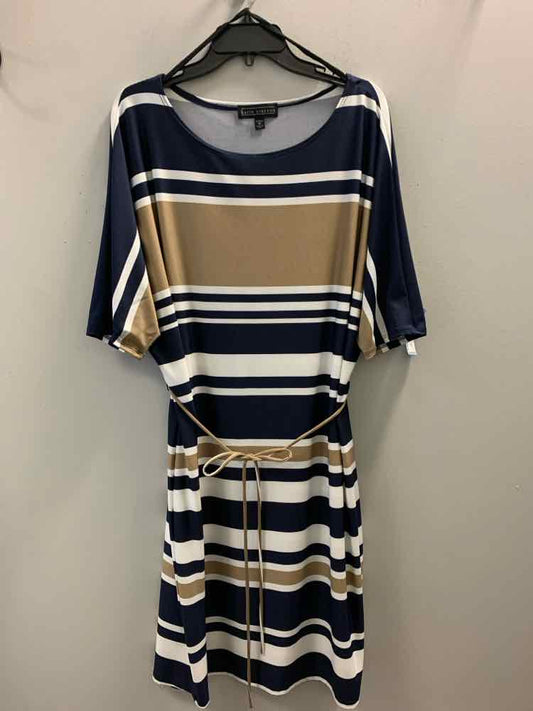 KARIN STEVENS PLUS SIZES Size 2X NVY/WHT/BGE Stripe SHORT SLEEVES Dress