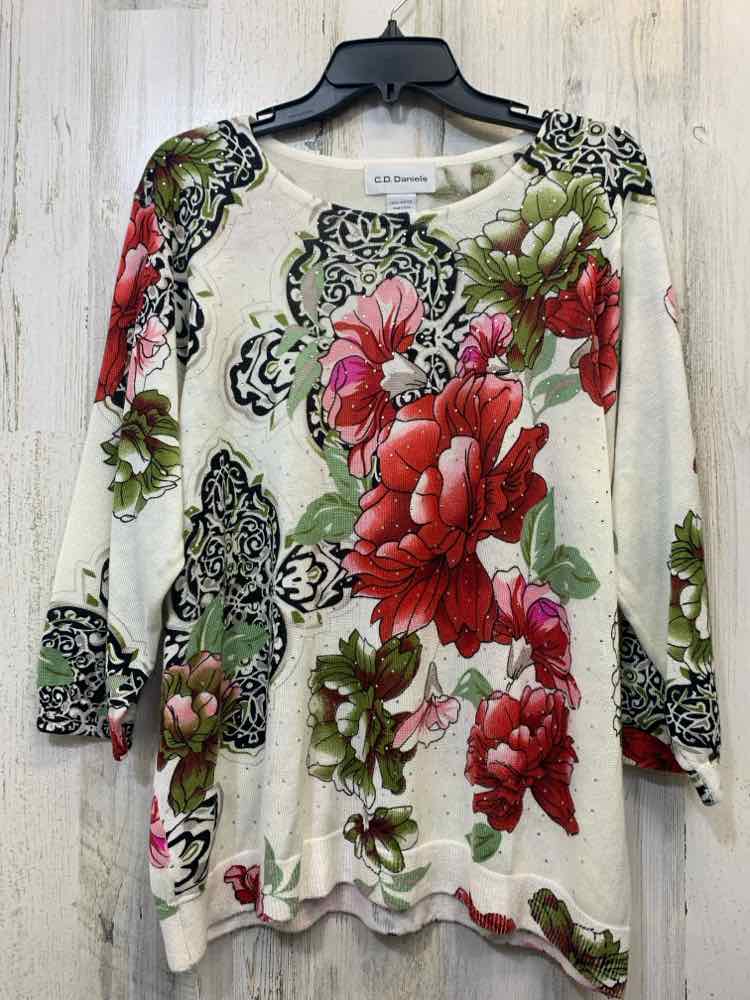PRE-OWNED CD DANIELS PLUS SIZES Size 1X CREAM/RED/GREEN/BLACK FLOWERS TOP/LONG S