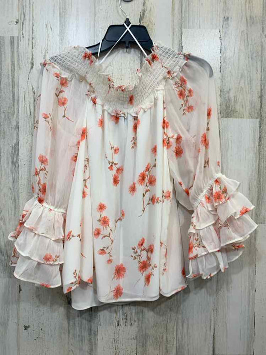 PRE-OWNED CE CE Tops Size L WHITE/CORAL FLOWERS OFF THE SHOULDER TOP/WHITE/CORAL