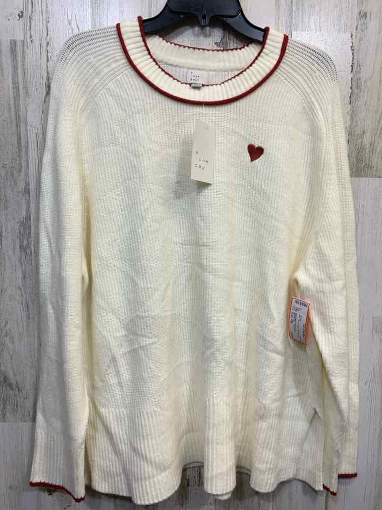 NWT A NEW DAY Tops Size XXL Cream LONG SLEEVE/BURGUNDY TRIM/HEART EMBROI Sweater