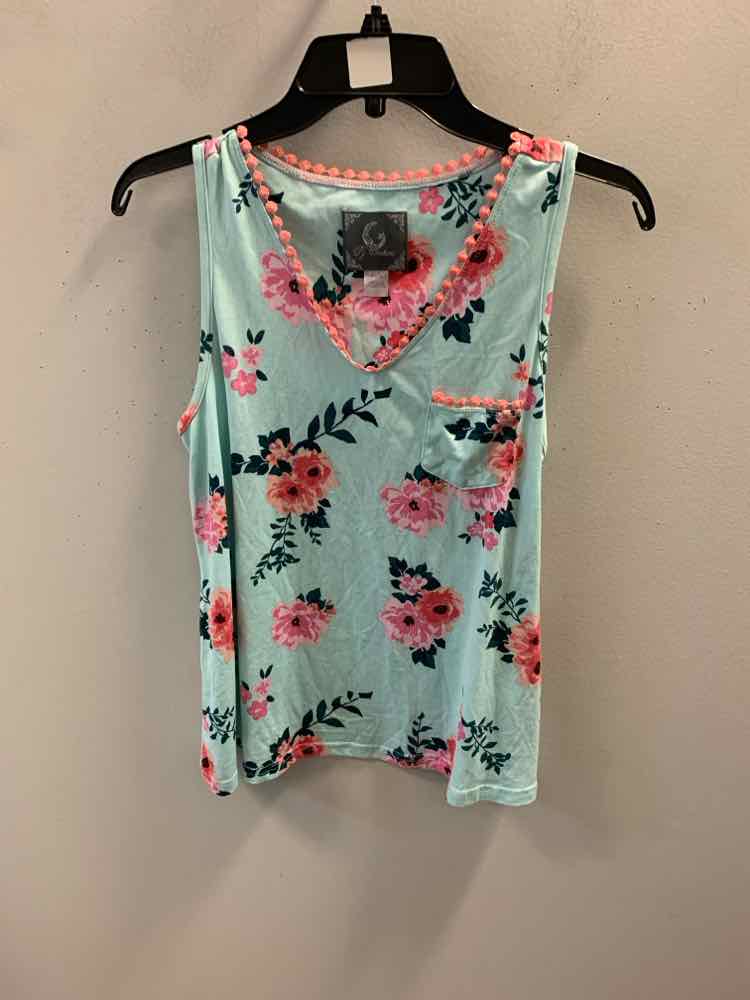 PJ COUTURE Tops Size M AQUA/PNK/PCH/GRN Floral SLEEVELESS TOP