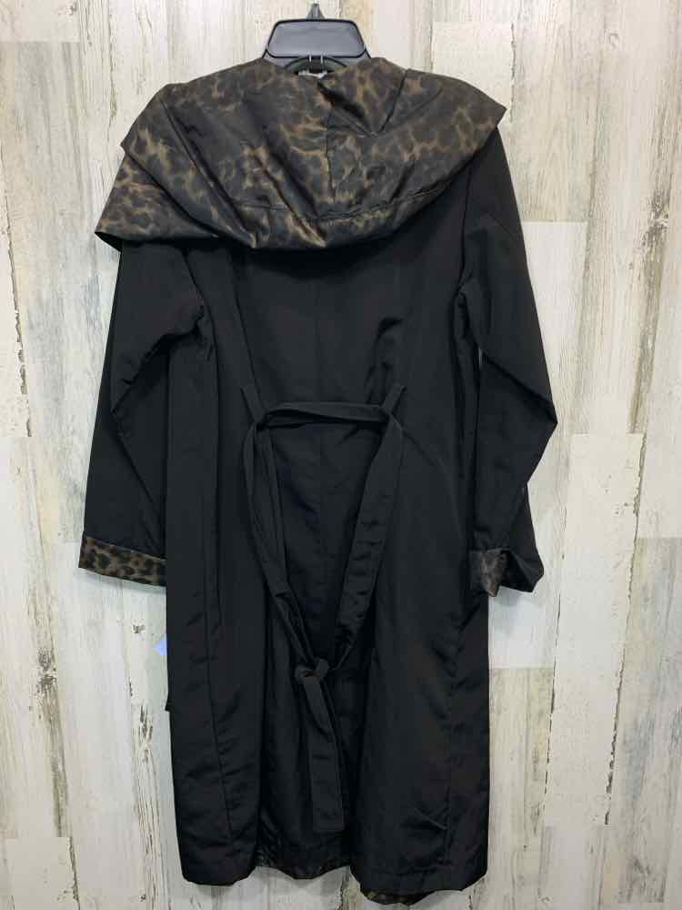 NWT JONES NY LONG BLACK TRENCH COAT W/ LEOPARD COLLAR TRIM