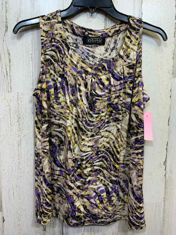 PRE-OWNED KASPER Tops Size M blk/prpl ABSTRACT SLEEVELESS Blouse/PLEATED SCOOP N