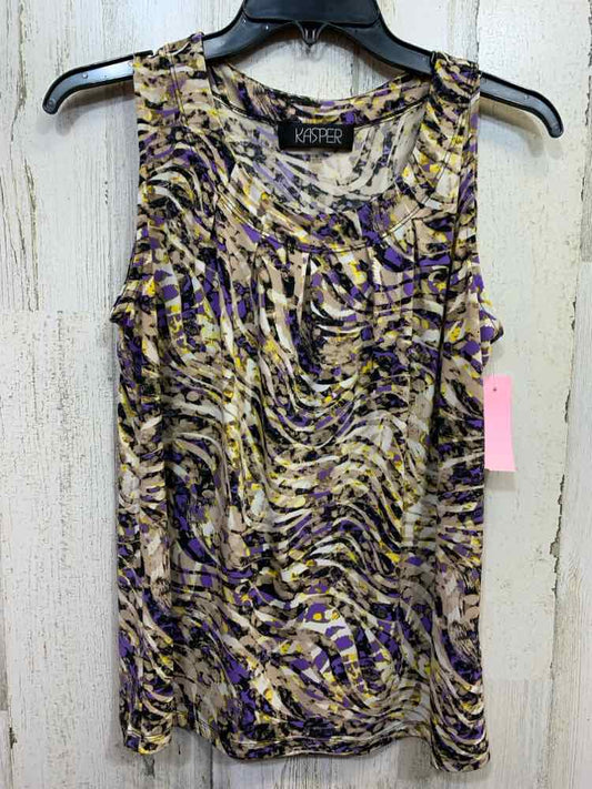 PRE-OWNED KASPER Tops Size M blk/prpl ABSTRACT SLEEVELESS Blouse/PLEATED SCOOP N