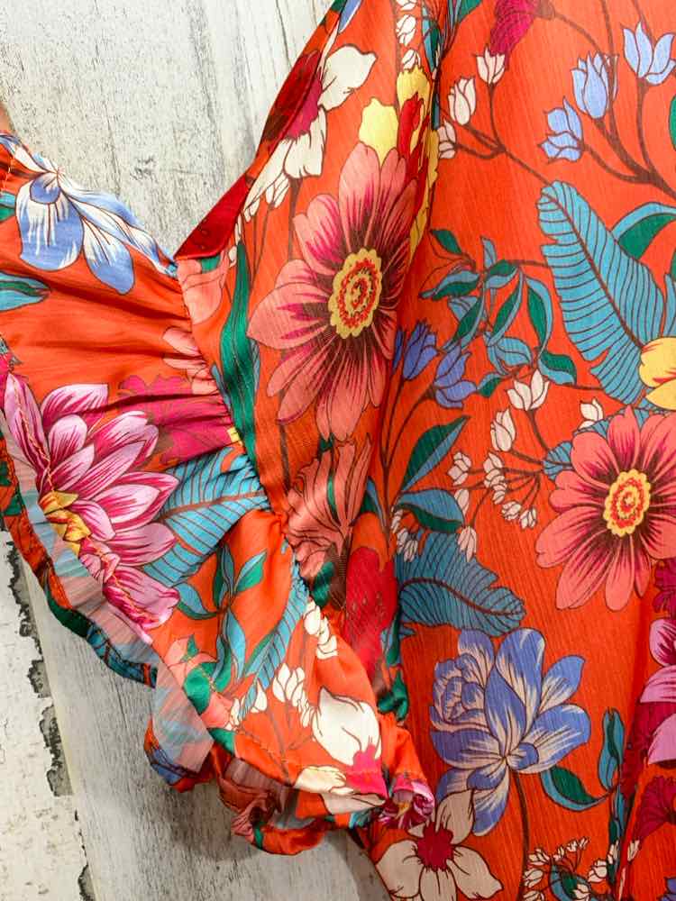 PRE-OWNED UMGEE Tops Size L ORANGE/TEAL/YELLOW/BLUE/GRN Floral Blouse/FLORAL SHO