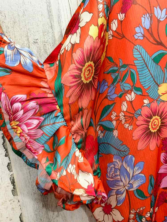 PRE-OWNED UMGEE Tops Size L ORANGE/TEAL/YELLOW/BLUE/GRN Floral Blouse/FLORAL SHO