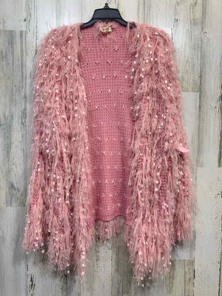 PRE-OWNED BIBI Tops Size L Pink FRINGE CARDIGAN Cardigan/OPEN FRONT PINK FUN FRI