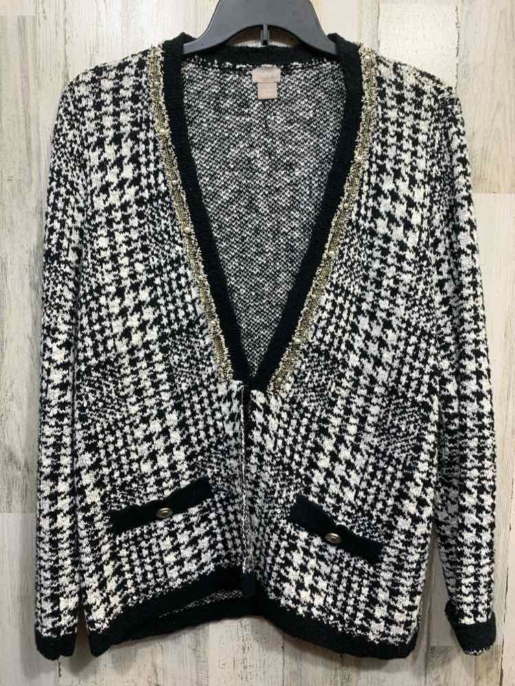 PRE-OWNED CHICO'S Size 3 JACKETS / COATS BLK/WHT Houndstooth LONG SLEEVES/PEARL