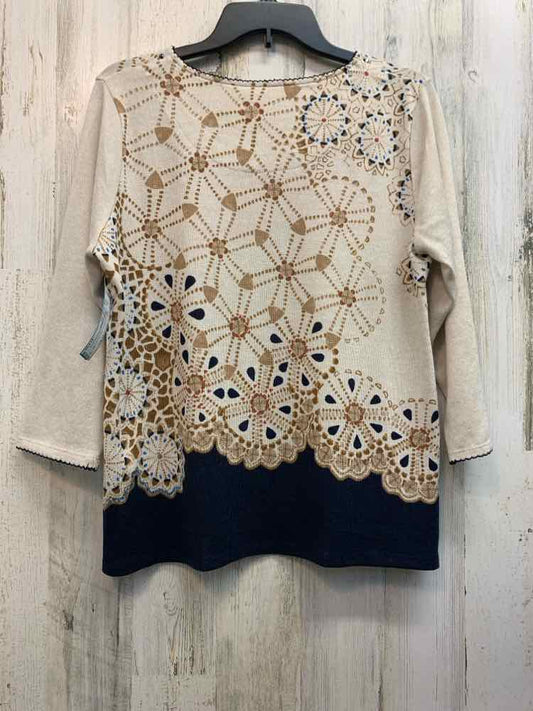 ALFRED DUNNER Tops Size PL CRM/NAVY PINWHEELS 3/4 LENGTH TOP
