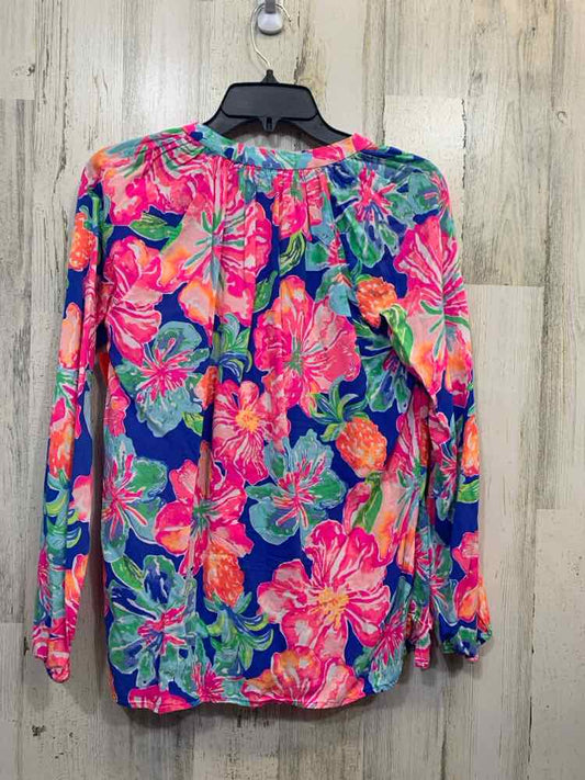 PRE-OWNED LILLY PULITZER Tops Size XS Multi-Color Floral LONG SLEEVE TOP/V CUT N