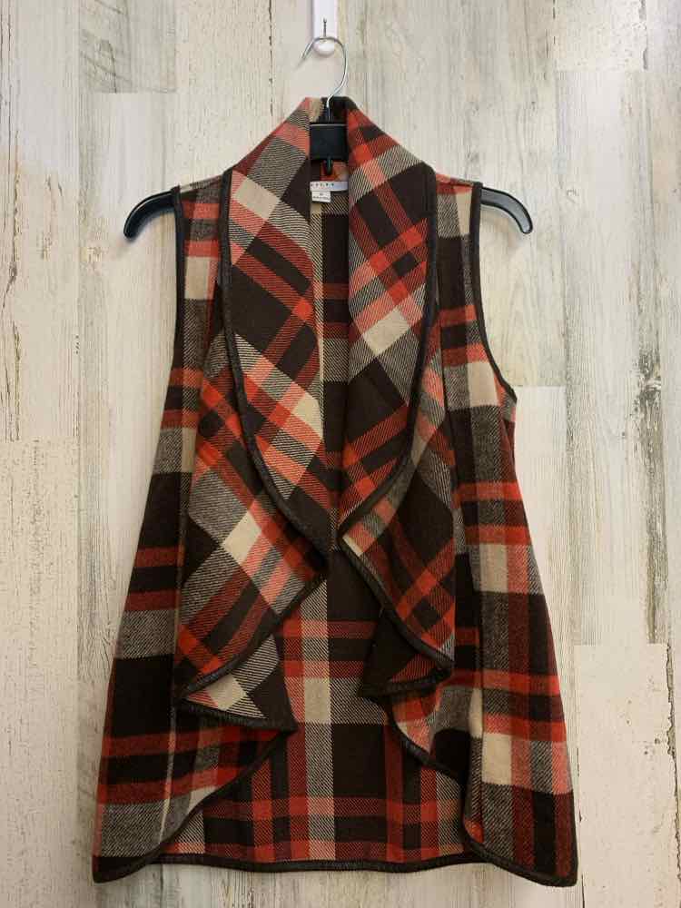 PRE-OWNED FAVLUX Tops Size S ORNG/BRWN Plaid SLEEVELESS TOP/SHAWL VEST W/POCKETS