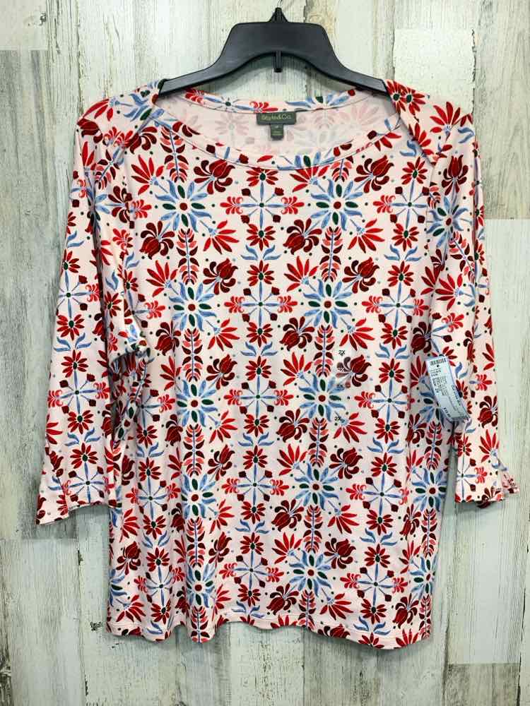 NWT STYLE & CO Size 2X PLUS SIZES RED/BLU/GRN Floral 3/4 SLEEVE BOAT NECK TOP