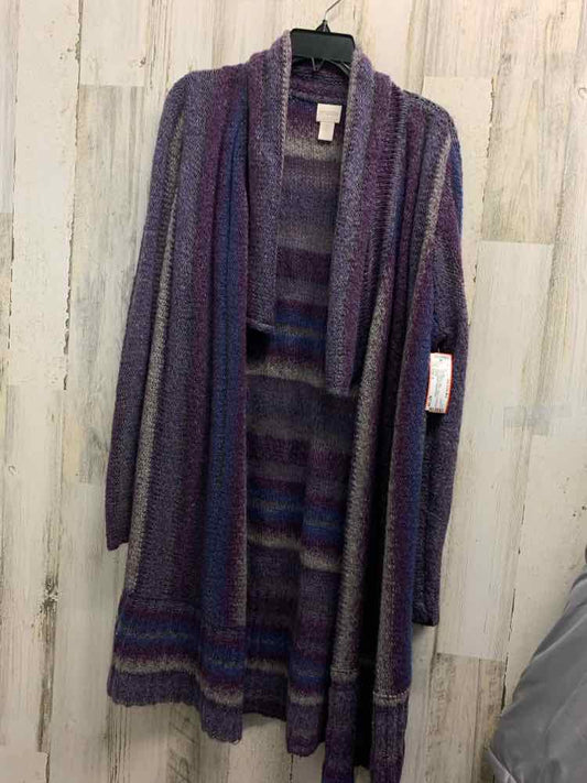 PRE-OWNED CHICO'S Tops Size 2 OPEN FRONT LONG SLEEVE PURPLE/BLUE/GRAY STRIPE CARD