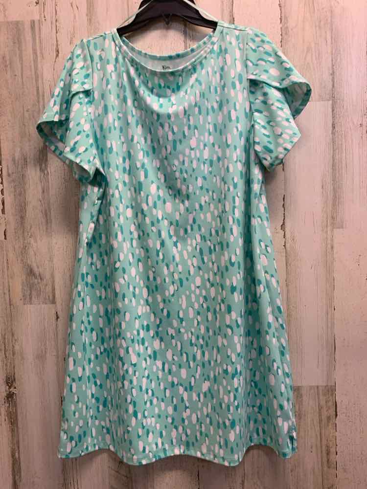 PRE-OWNED KIM ROGERS Size PL WHT/MINT SHORT SLEEVES ABSTRACT DOTTED DRESS