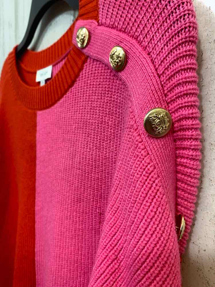 NWOT ON 34TH Size XL RED/PNK RIB KNIT LONG SLEEVE/SHOULDER GOLD BUTTONS SWEATER