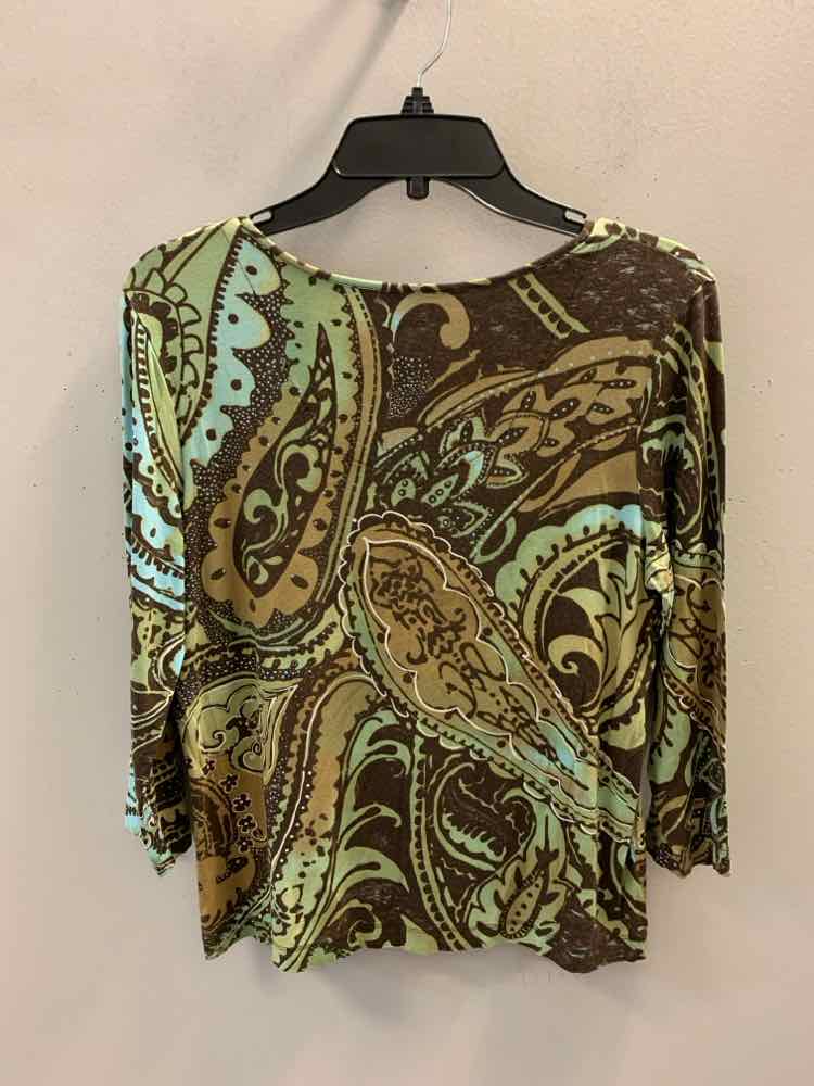 CHICOS Tops Size 1 GRN/BRN Paisley 3/4 LENGTH TOP