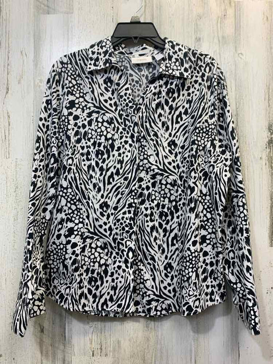 PRE-OWNED CHICOS Tops Size 2 BLACK/WHITE CHEETAH PRINT BUTTON UP TOP/LONG SLEEVE