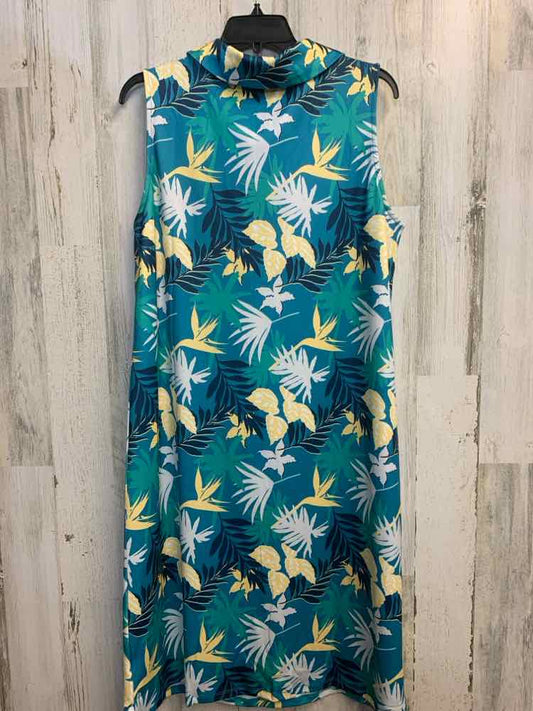 KATE & MALLORY PLUS SIZES Size 1X TEAL/GRN/YEL TROPICAL LEAVES SLEEVELESS Dress