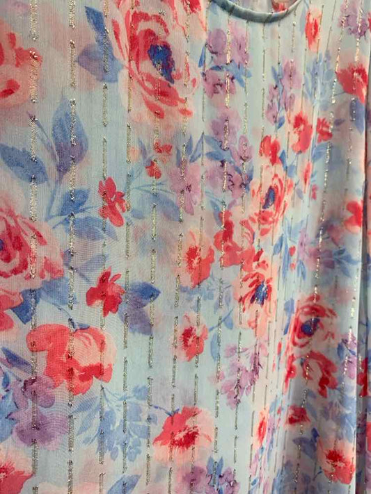 PRE-OWNED ANNE KLEIN Tops Size XL BLUE/PINK/LVDR/SILVER Floral Blouse/FLORAL LON