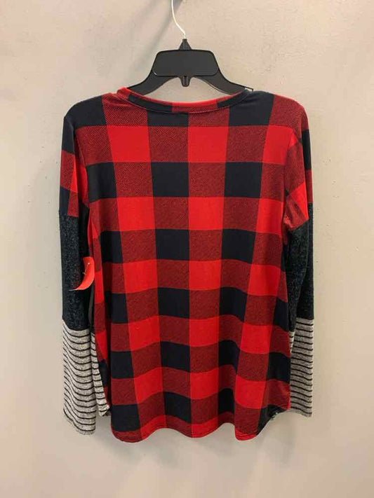 CELESTE Tops Size L RED/BLK/GRAY PLAID/STRIPE LONG SLEEVES TOP