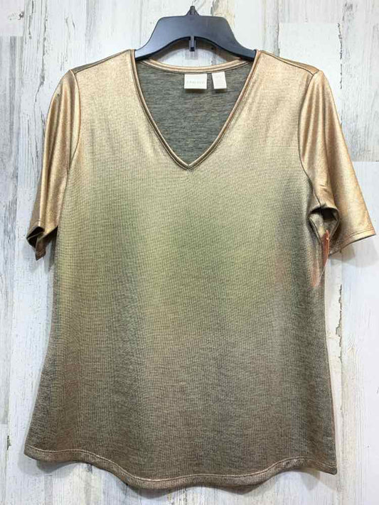 PRE-OWNED CHICO'S Size 0 Tops METALLIC GOLD SHORT SLEEVES V NECK