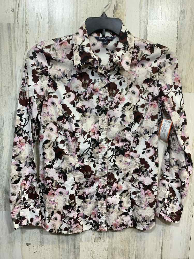 PRE-OWNED CHADWICK'S Tops Size 8 WHT/PNK/BRG/BLK Floral BUTTON DOWN Shirt