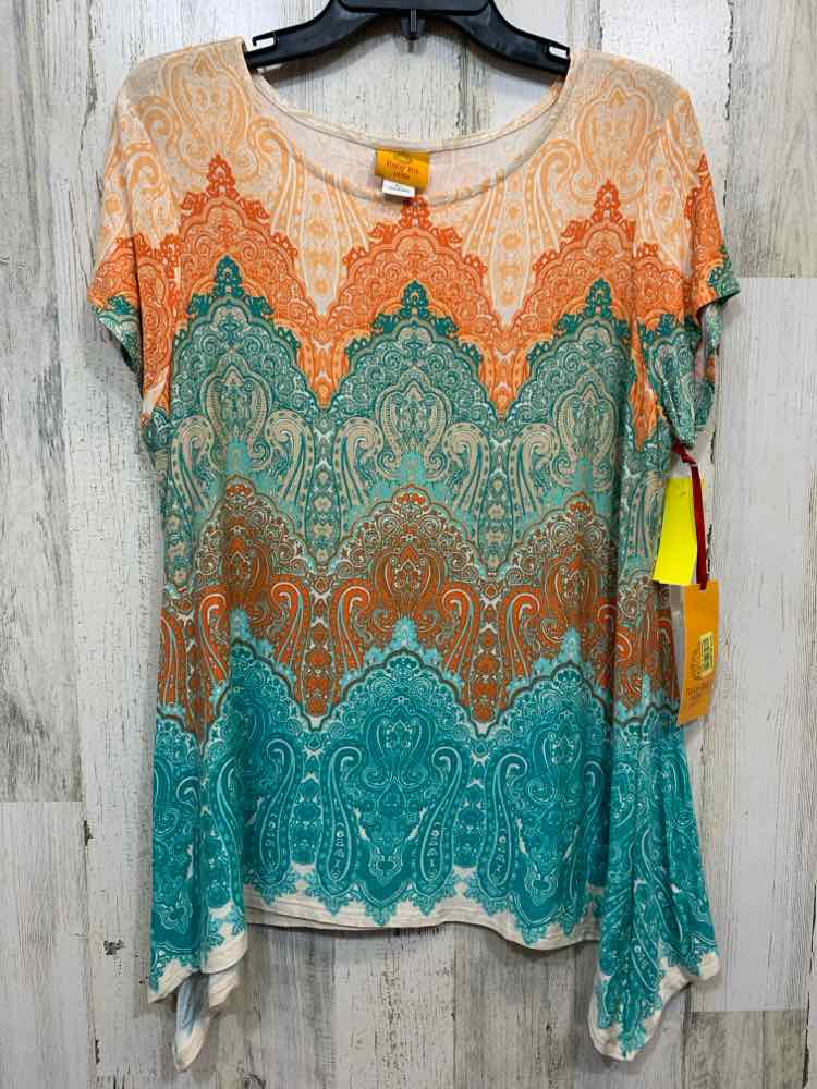 NWT RUBY RD Tops Size PL ORANGE/TEAL/WHITE Paisley SHORT SLEEVES Shirt/PAISLEY/V
