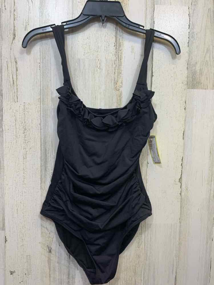 PRE-OWNED KENNETH COLE Swimwear Size M Black RUFFLES ONE PIECE Swimsuit/BLACK ON